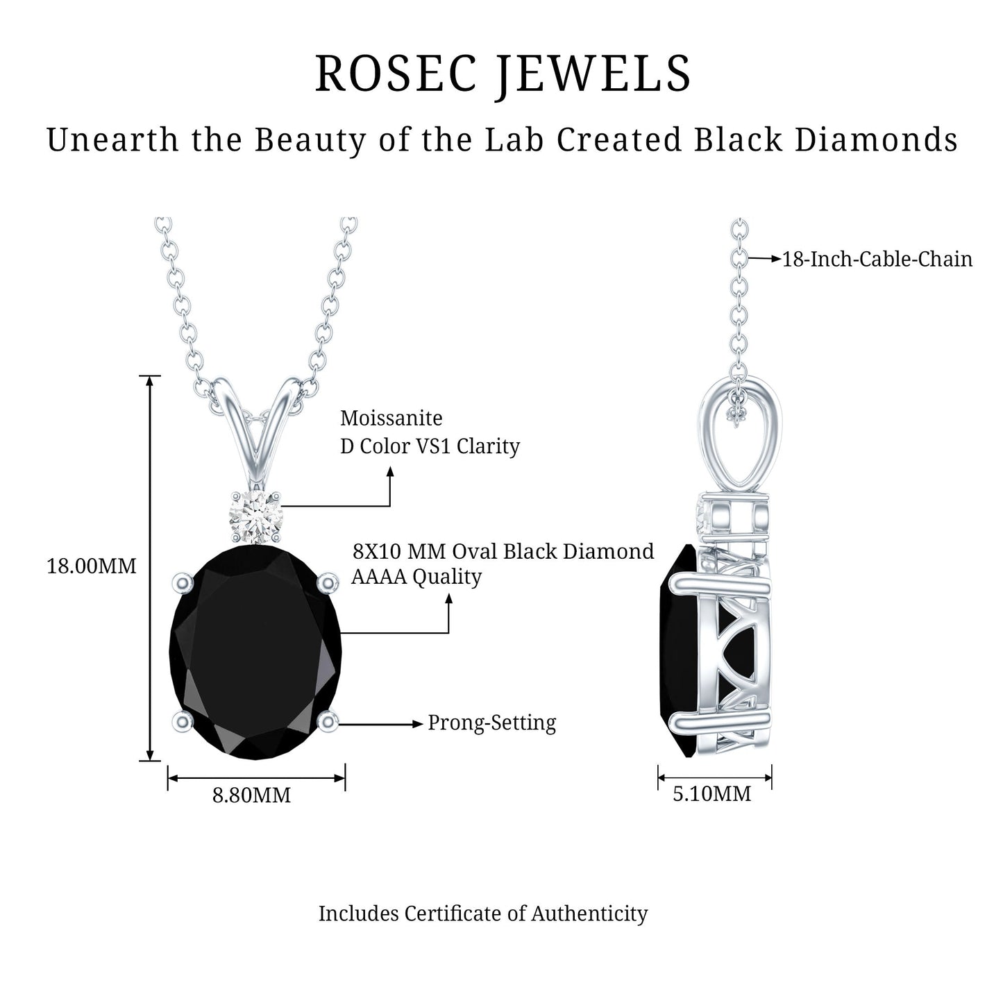 4.2 Carat Oval Shape Lab Created Black Diamond Solitaire Pendant Necklace