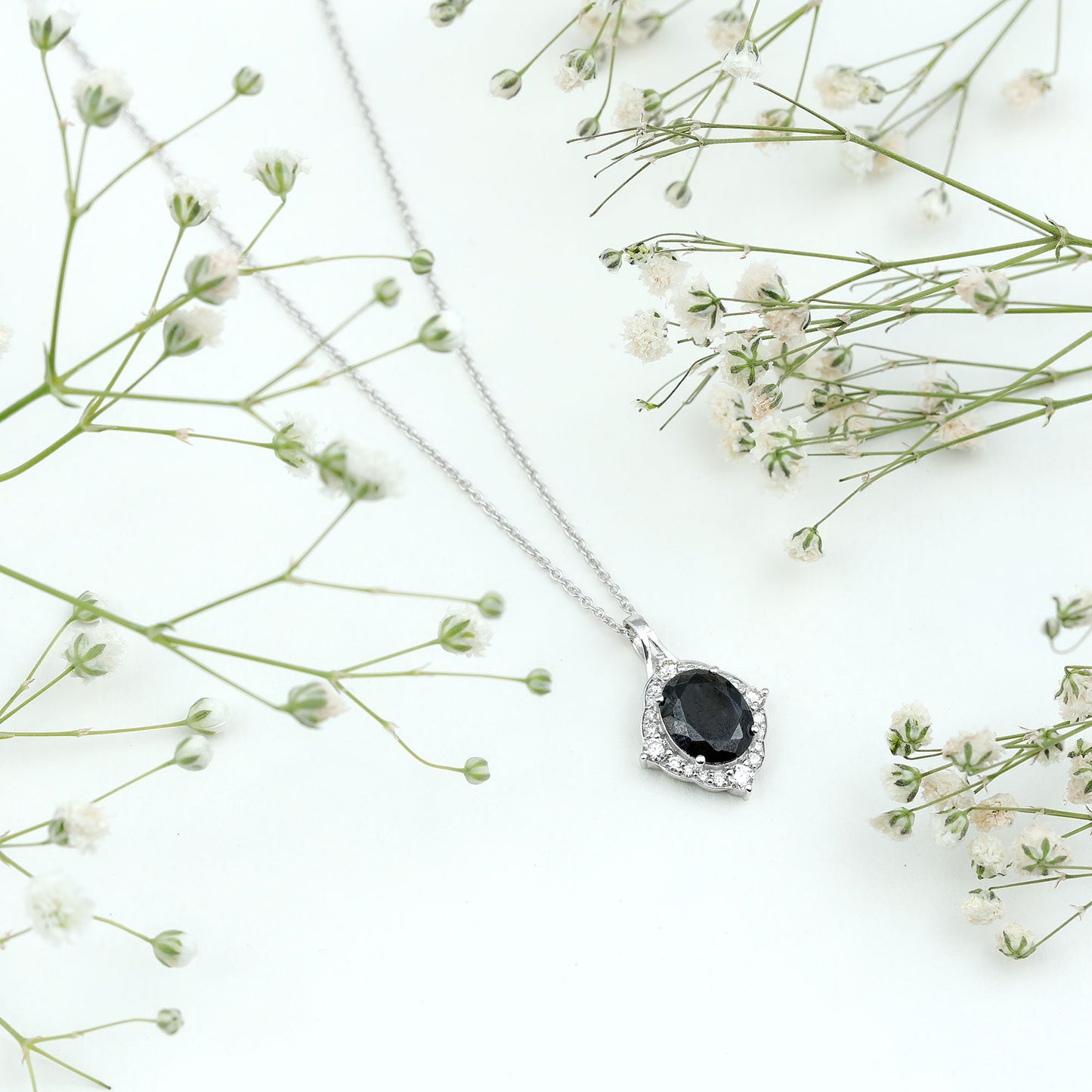 Vintage Style Created Black Diamond Halo Pendant Necklace