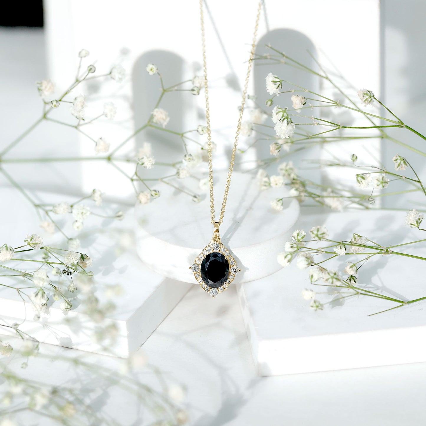 Vintage Style Created Black Diamond Halo Pendant Necklace