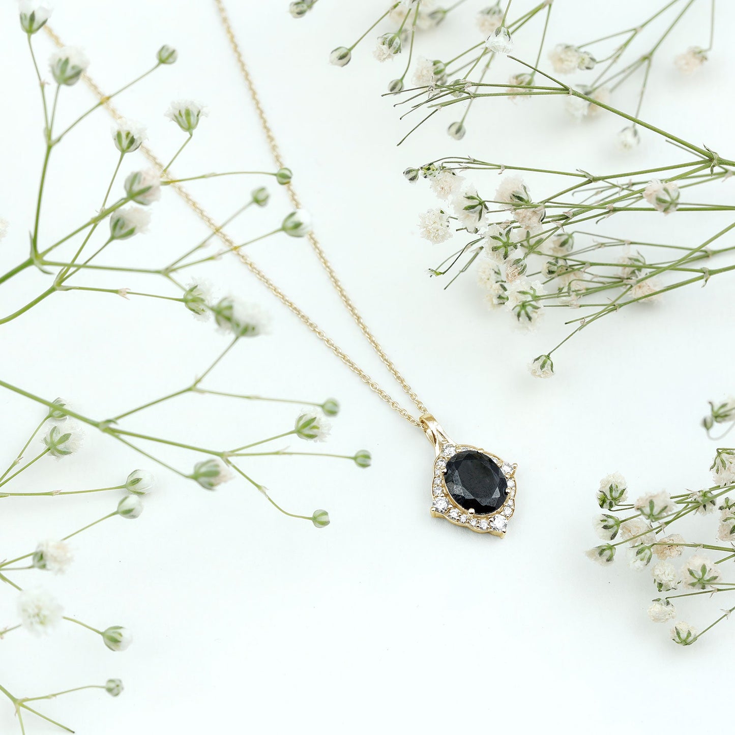 Vintage Style Created Black Diamond Halo Pendant Necklace