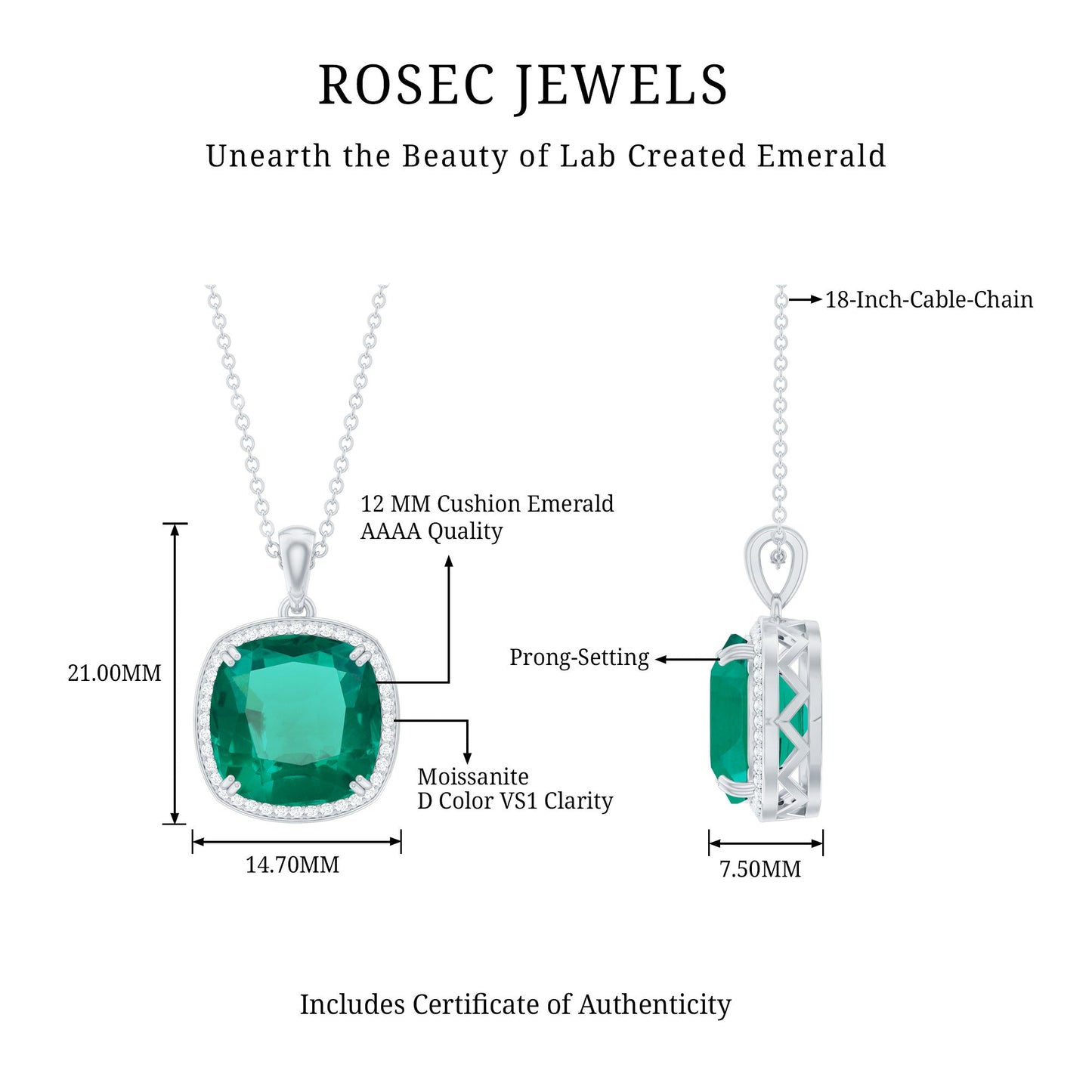 9 Carat Cushion Cut Lab Created Emerald and Diamond Cocktail Necklace