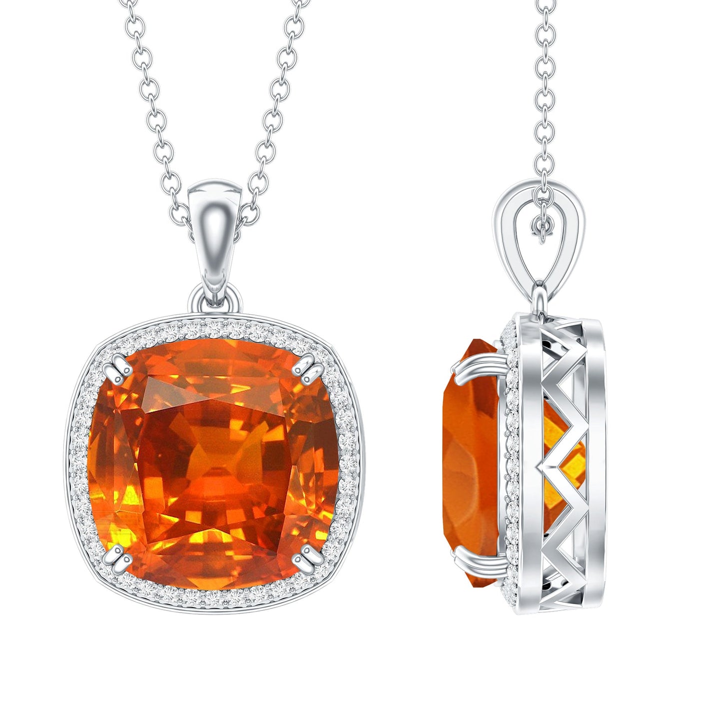 9 Carat Lab Created Orange Sapphire Diamond Statement Necklace For Women