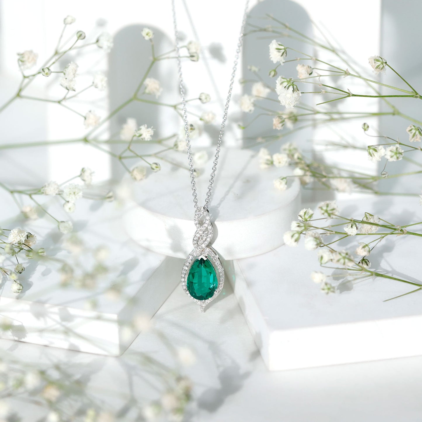 Certified 2.5 Carat Lab Grown Emerald and Diamond Bridal Necklace