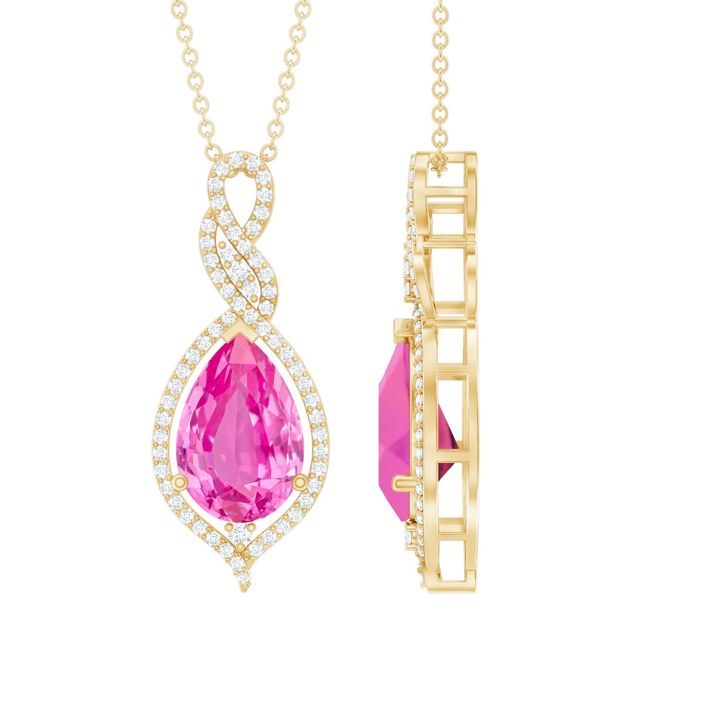 2.5 Carat Pear Cut Lab Created Pink Sapphire and Diamond Statement Pendant