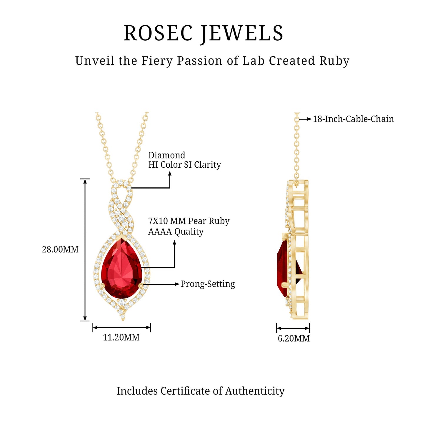 2.9 Carat Lab Created Ruby and Diamond Teardrop Wedding Necklace for Bride