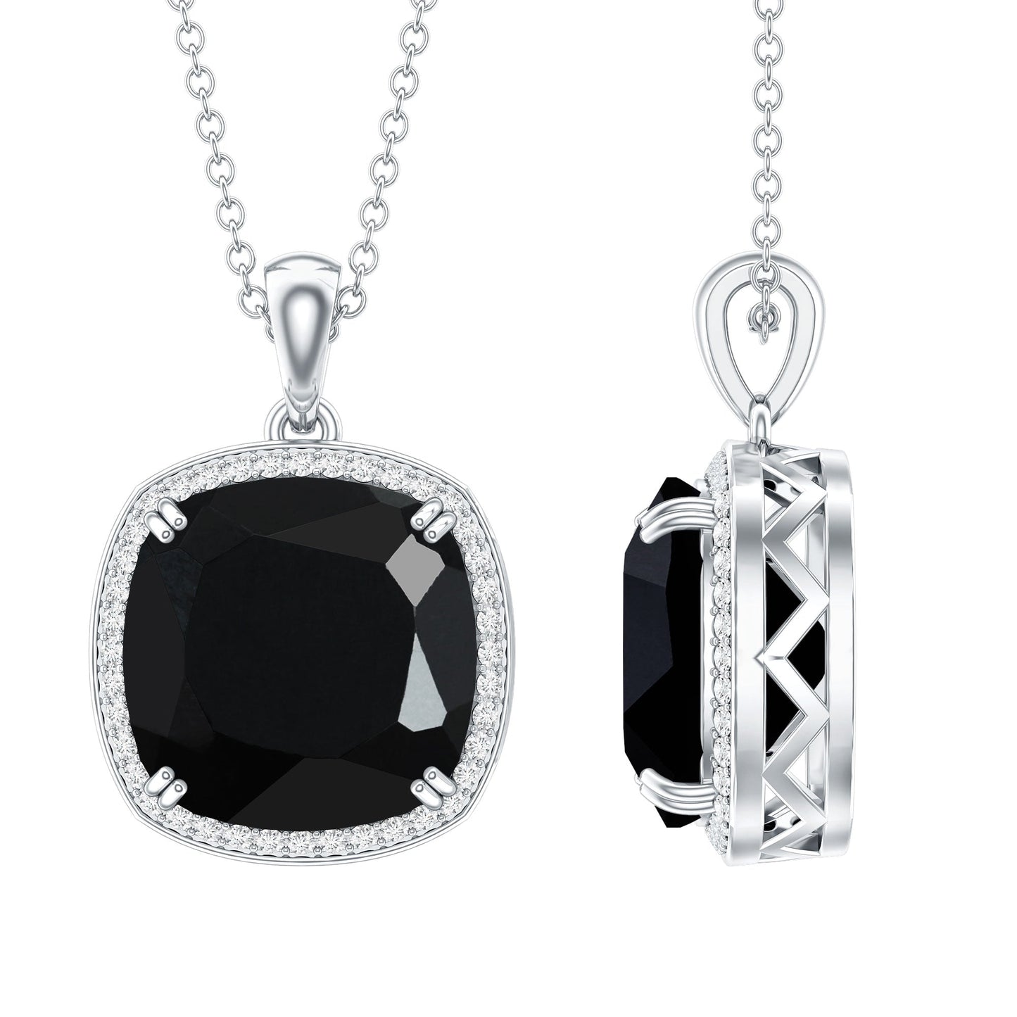6 Carat Cushion Cut Lab Grown Black and White Diamond Halo Necklace