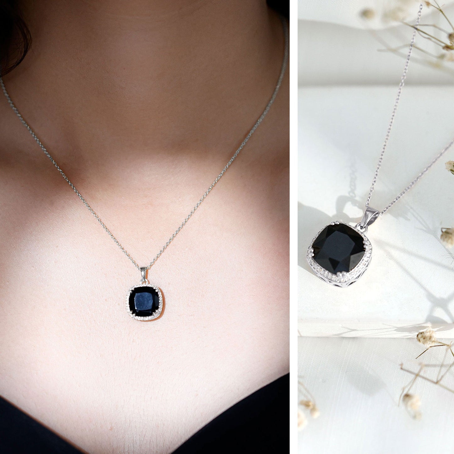 6 Carat Cushion Cut Lab Grown Black and White Diamond Halo Necklace
