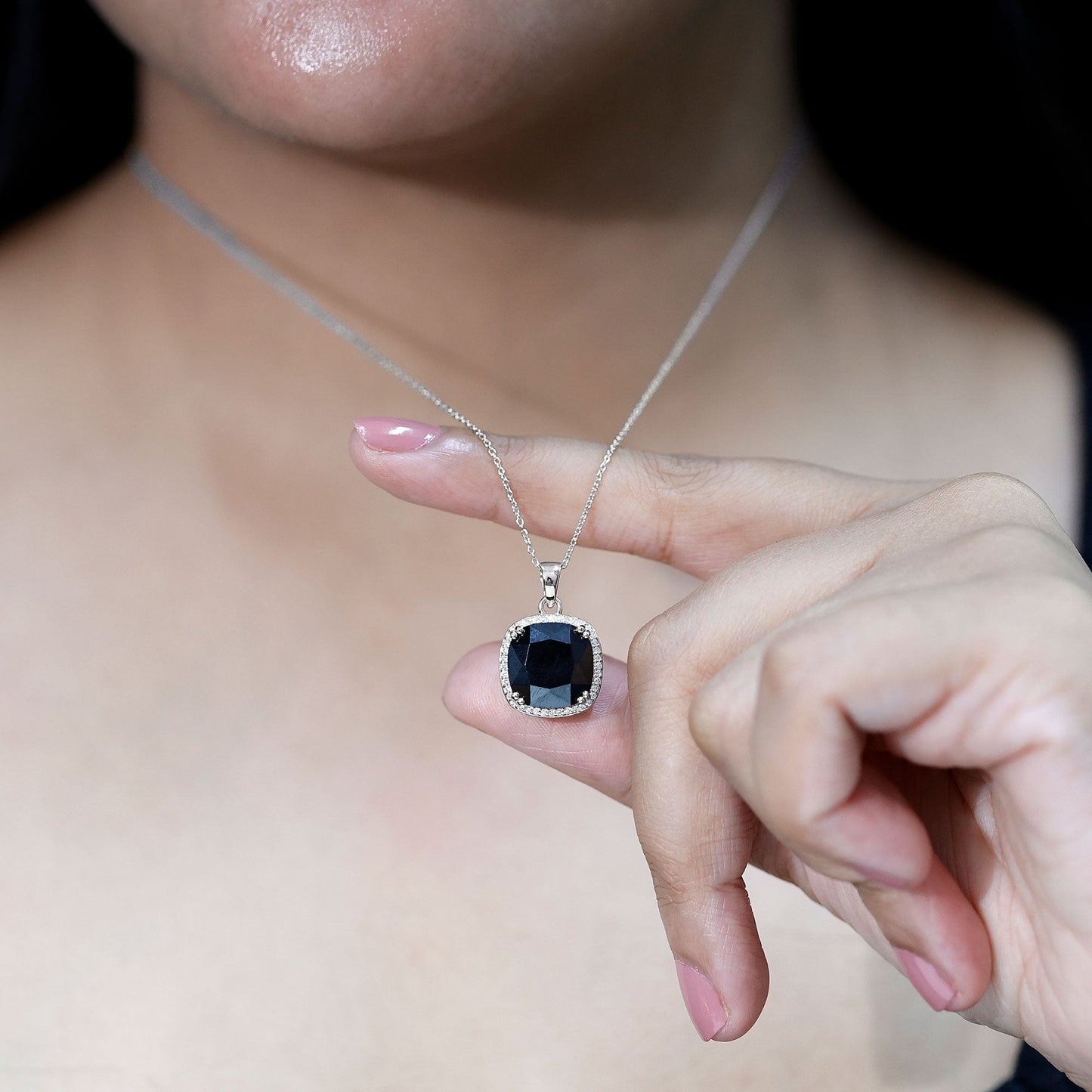6 Carat Cushion Cut Lab Grown Black and White Diamond Halo Necklace