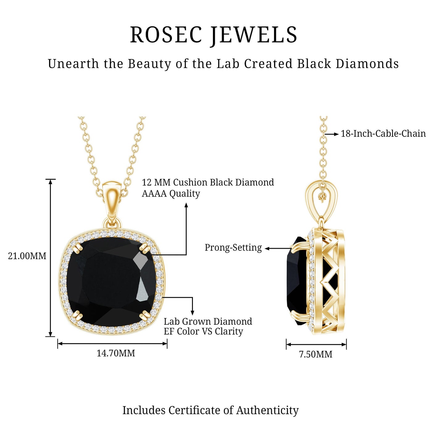 6 Carat Cushion Cut Lab Grown Black and White Diamond Halo Necklace