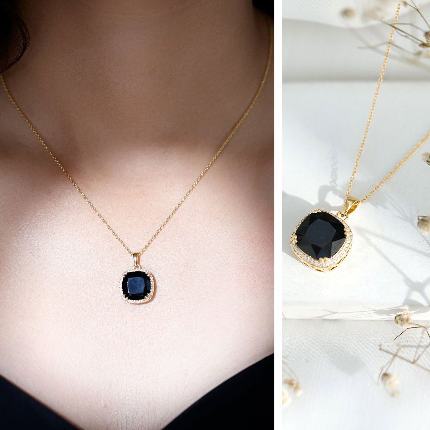 6 Carat Cushion Cut Lab Grown Black and White Diamond Halo Necklace