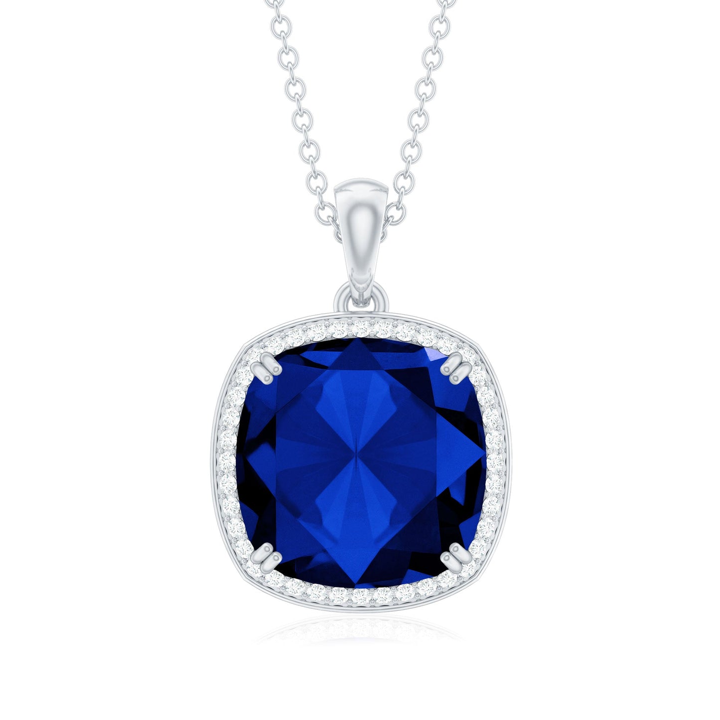 Cushion Cut Created Blue Sapphire and Diamond Halo Pendant Necklace