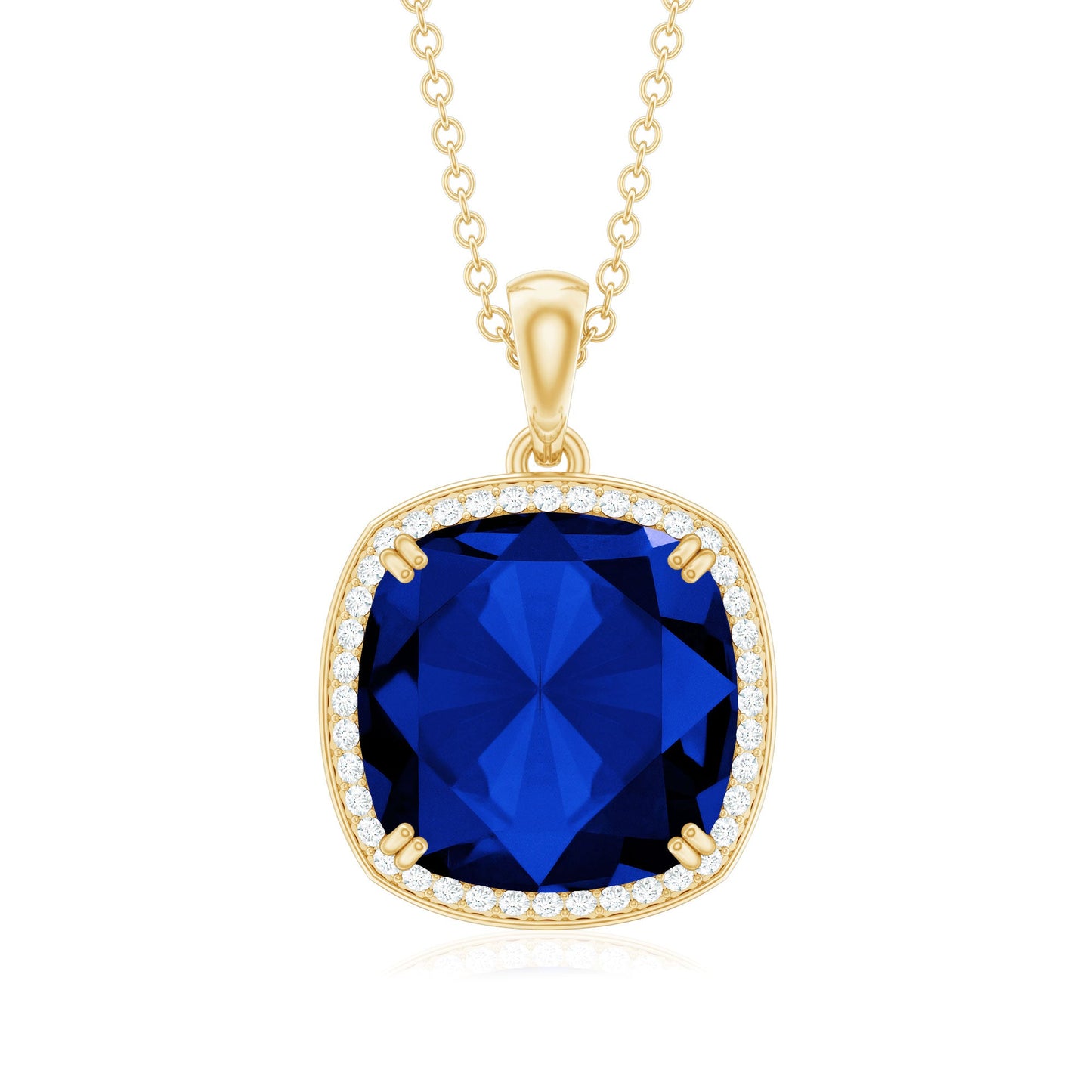 Cushion Cut Created Blue Sapphire and Diamond Halo Pendant Necklace