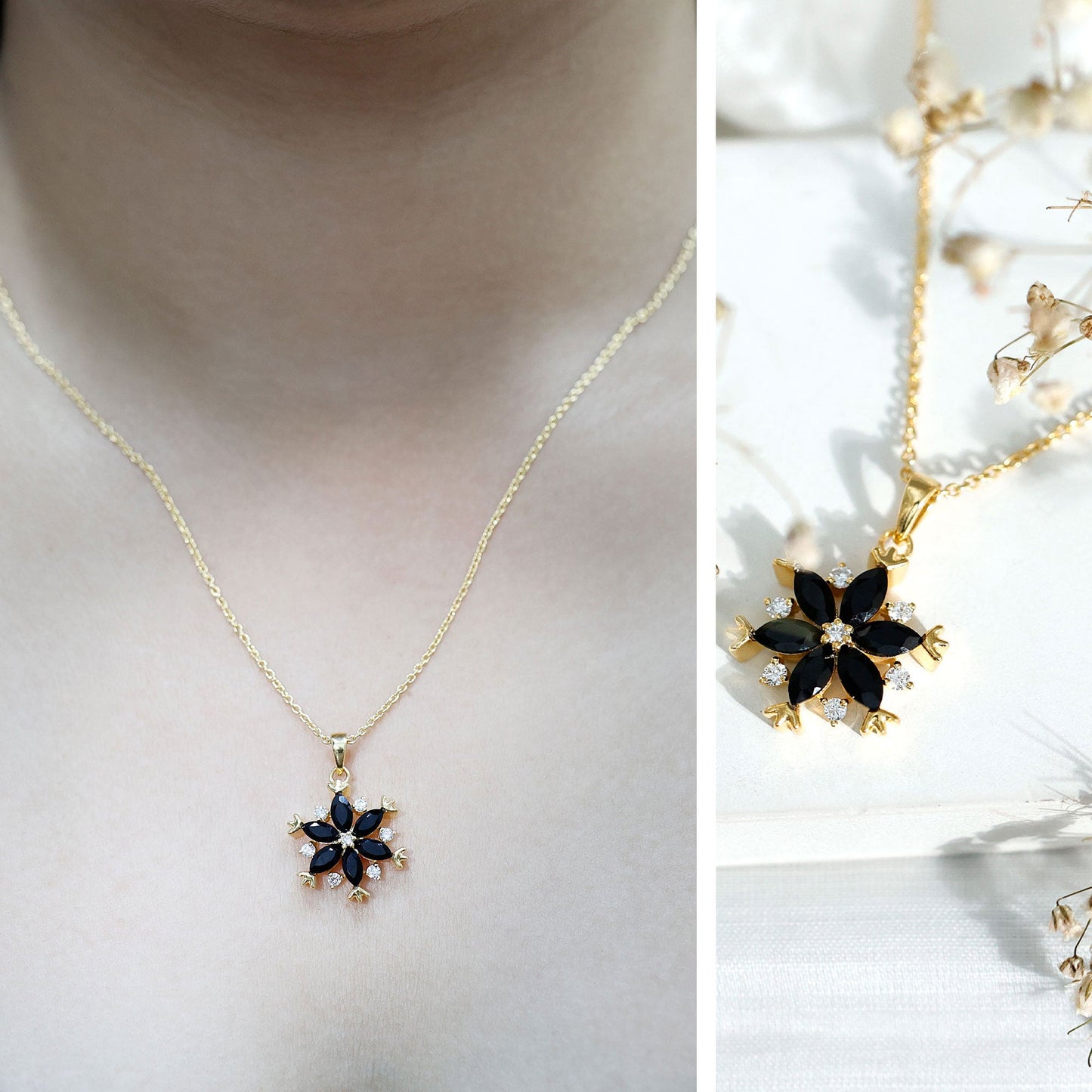Certified Black Spinel and Diamond Flower Necklace with Silver Chain
