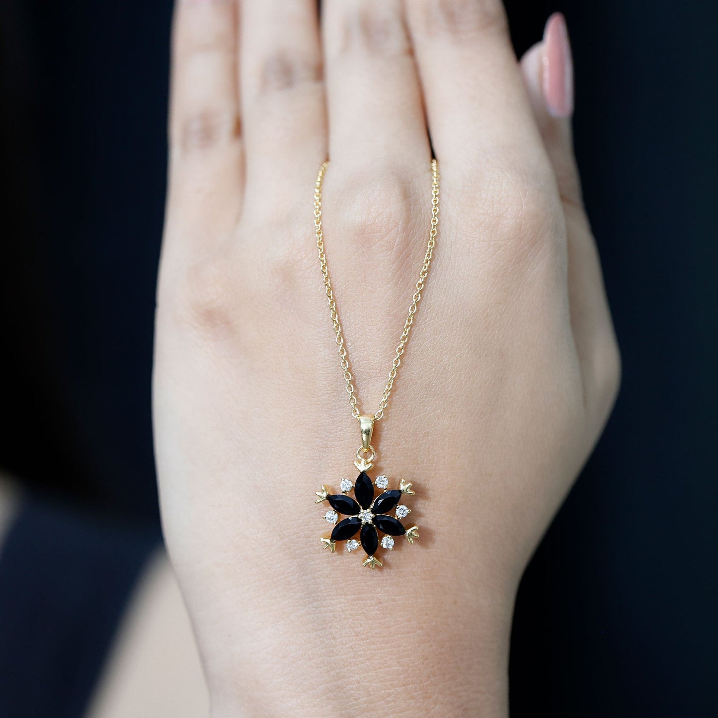 Certified Black Spinel and Diamond Flower Necklace with Silver Chain