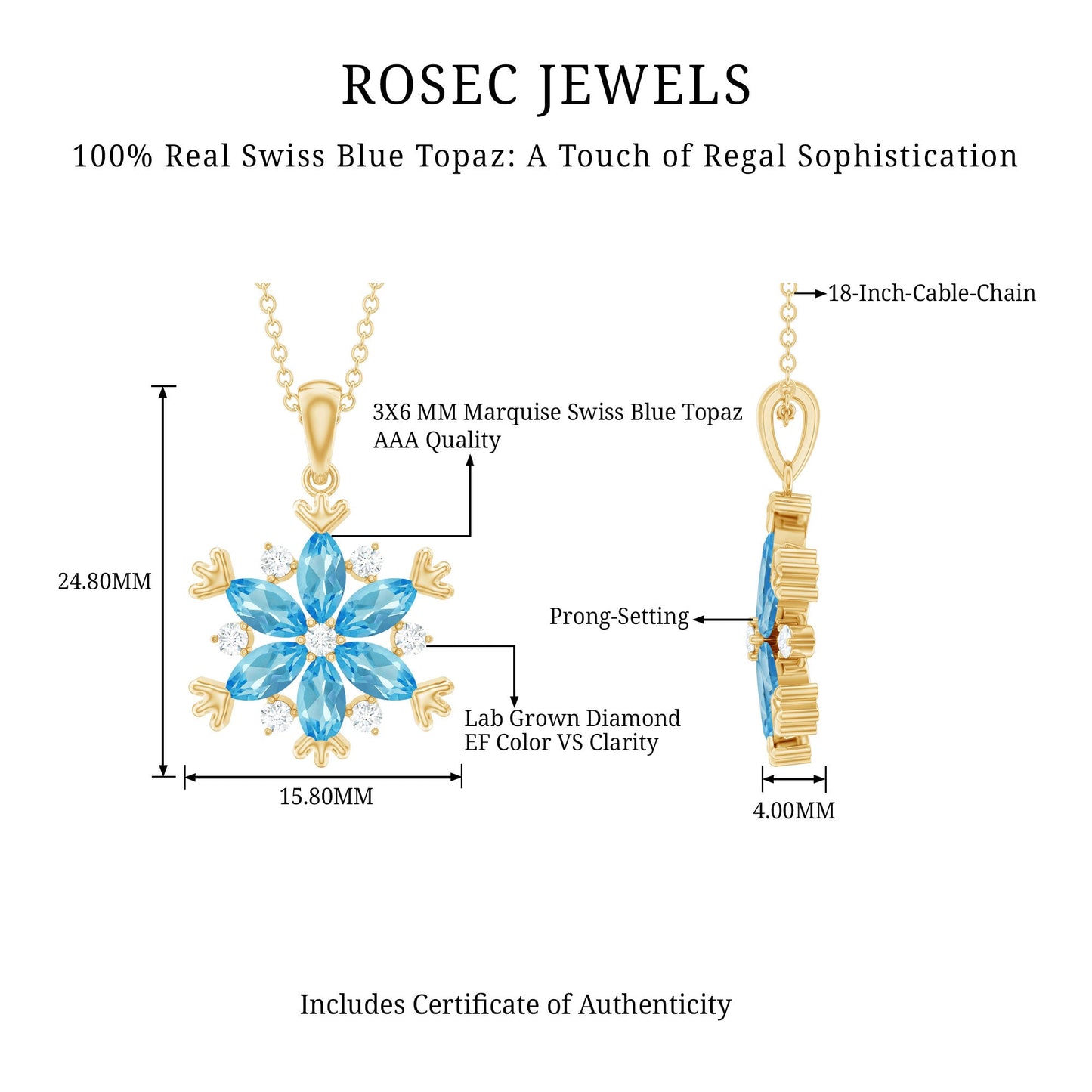 Real Swiss Blue Topaz Snowflake Necklace with Silver Chain