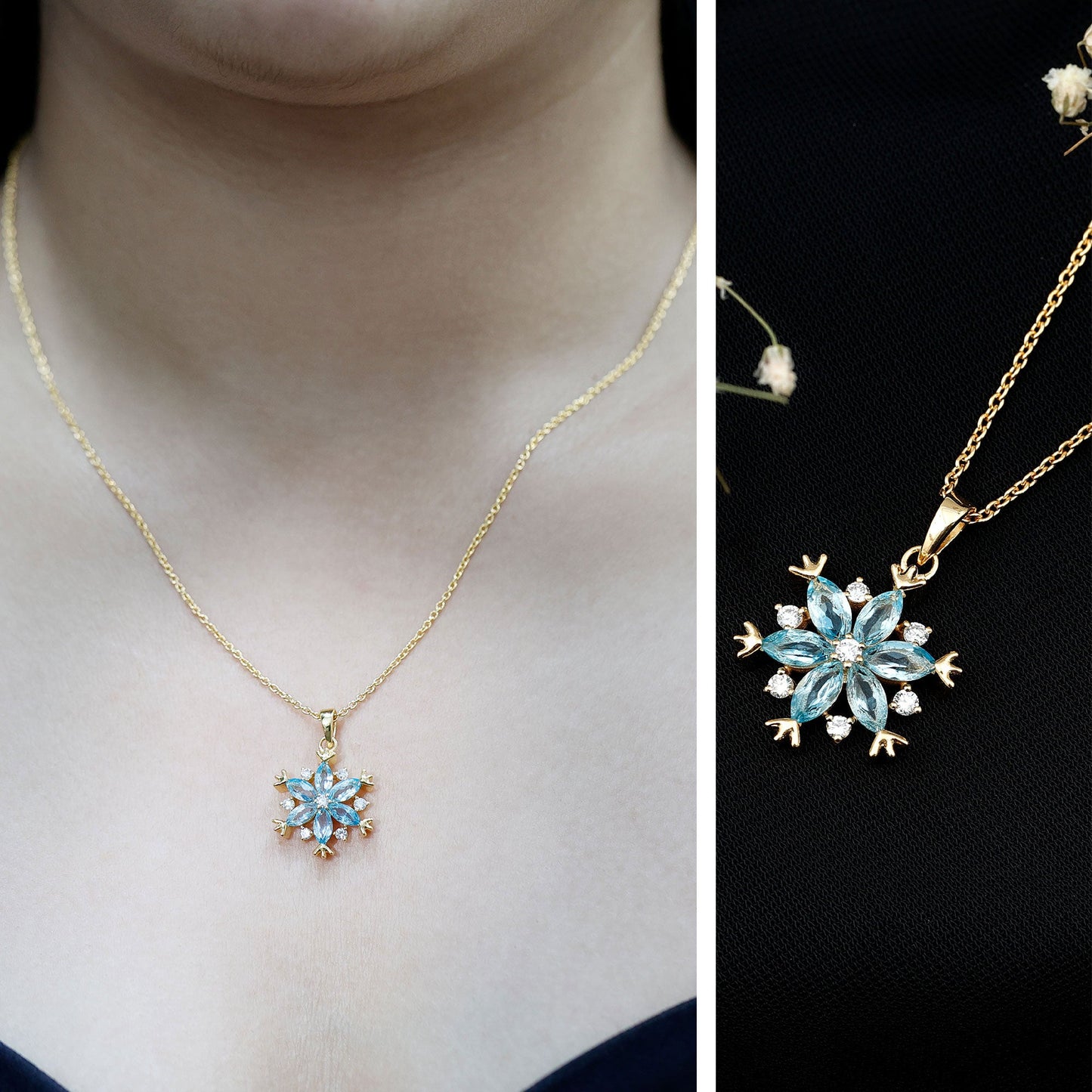 Real Swiss Blue Topaz Snowflake Necklace with Silver Chain