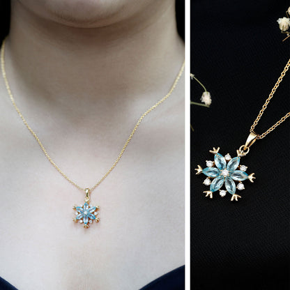Real Swiss Blue Topaz Snowflake Necklace with Silver Chain
