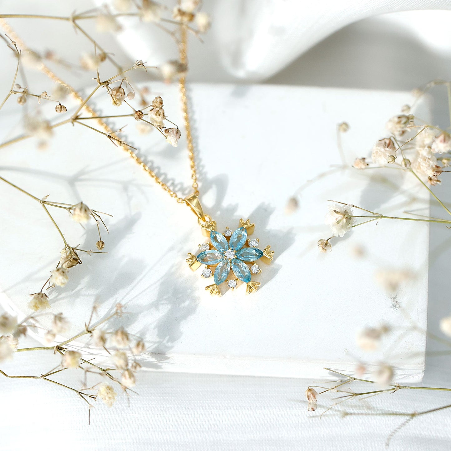 Real Swiss Blue Topaz Snowflake Necklace with Silver Chain