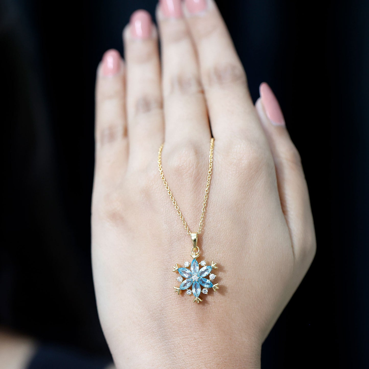 Real Swiss Blue Topaz Snowflake Necklace with Silver Chain