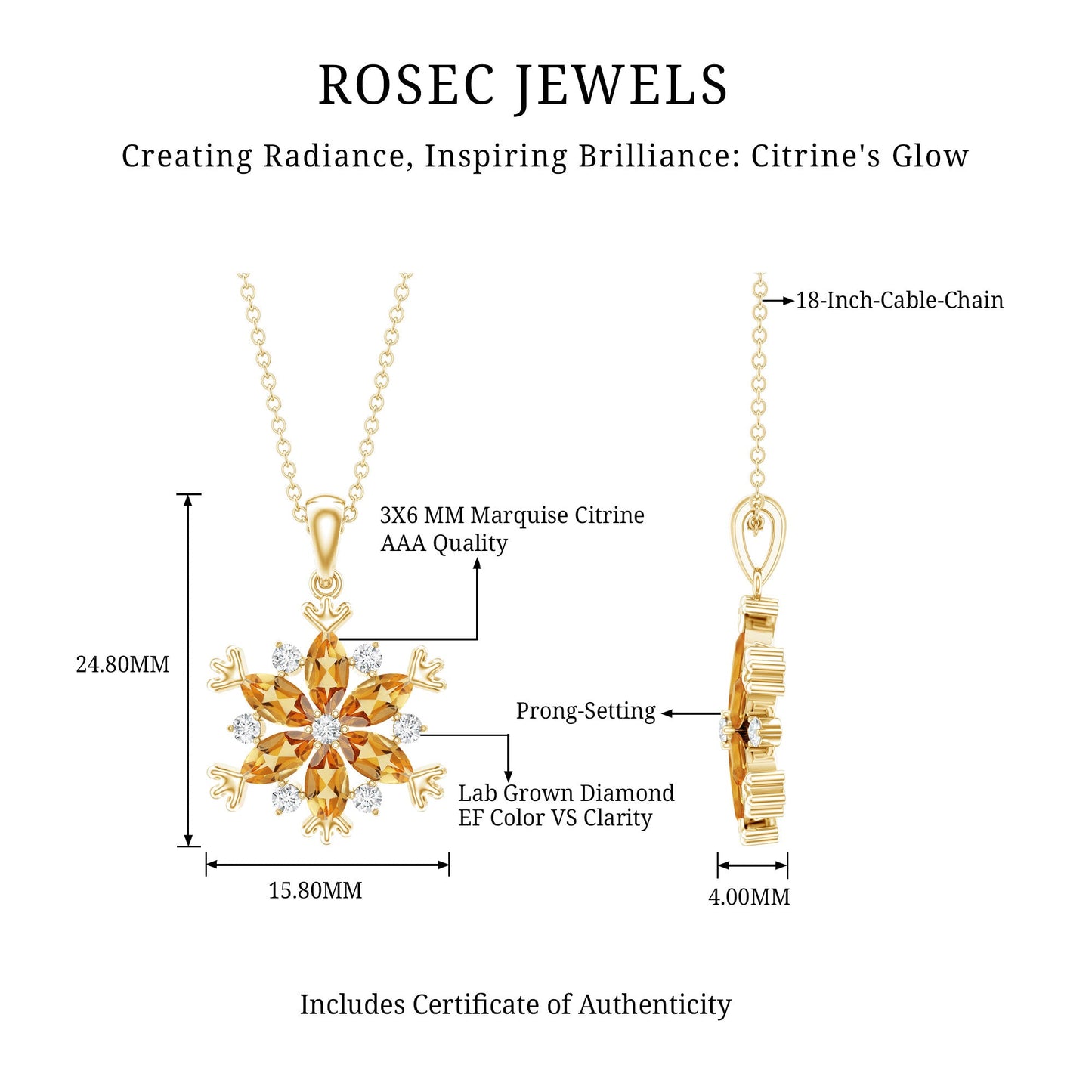 Certified Citrine Flower Pendant Necklace with Silver Chain