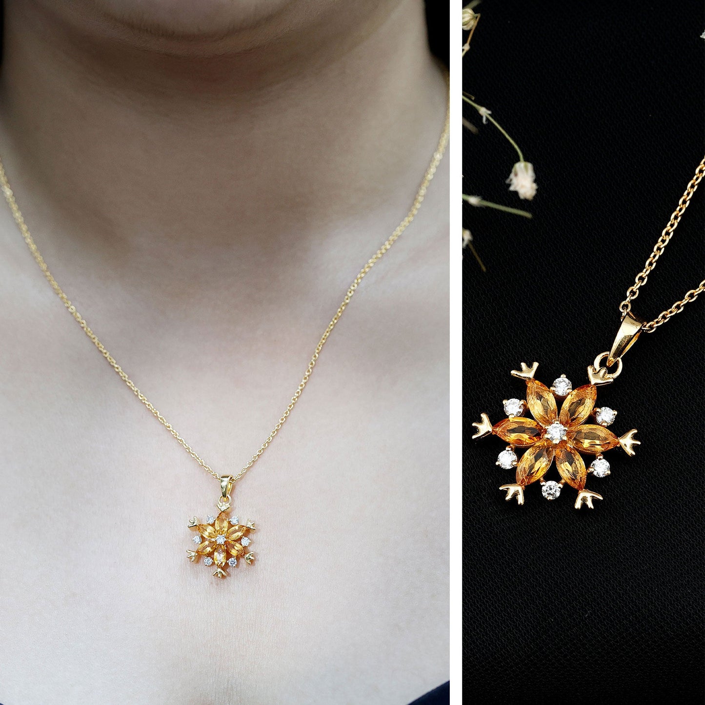 Certified Citrine Flower Pendant Necklace with Silver Chain