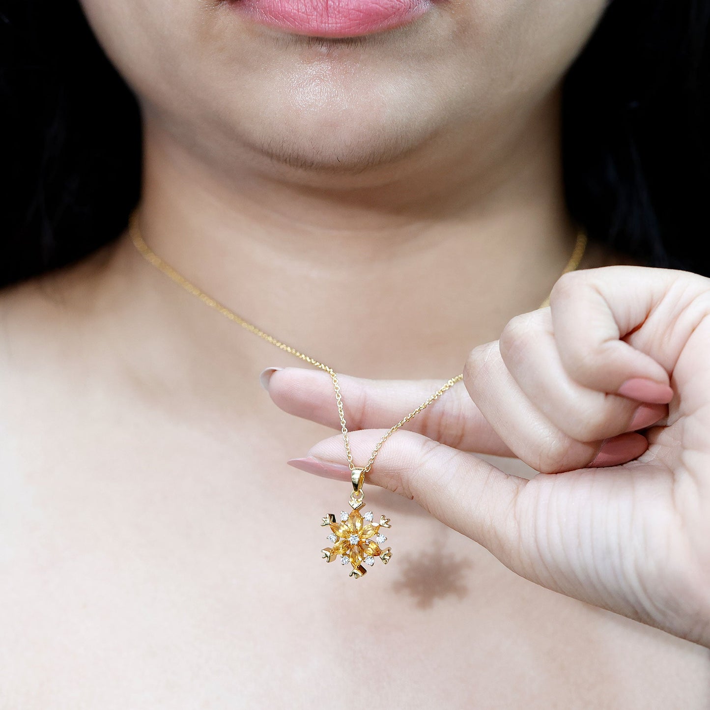 Certified Citrine Flower Pendant Necklace with Silver Chain