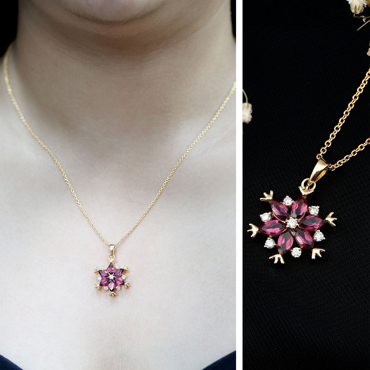 Rhodolite Garnet Flower Necklace in Gold Plated Silver