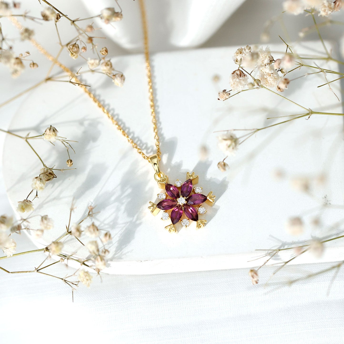 Rhodolite Garnet Flower Necklace in Gold Plated Silver