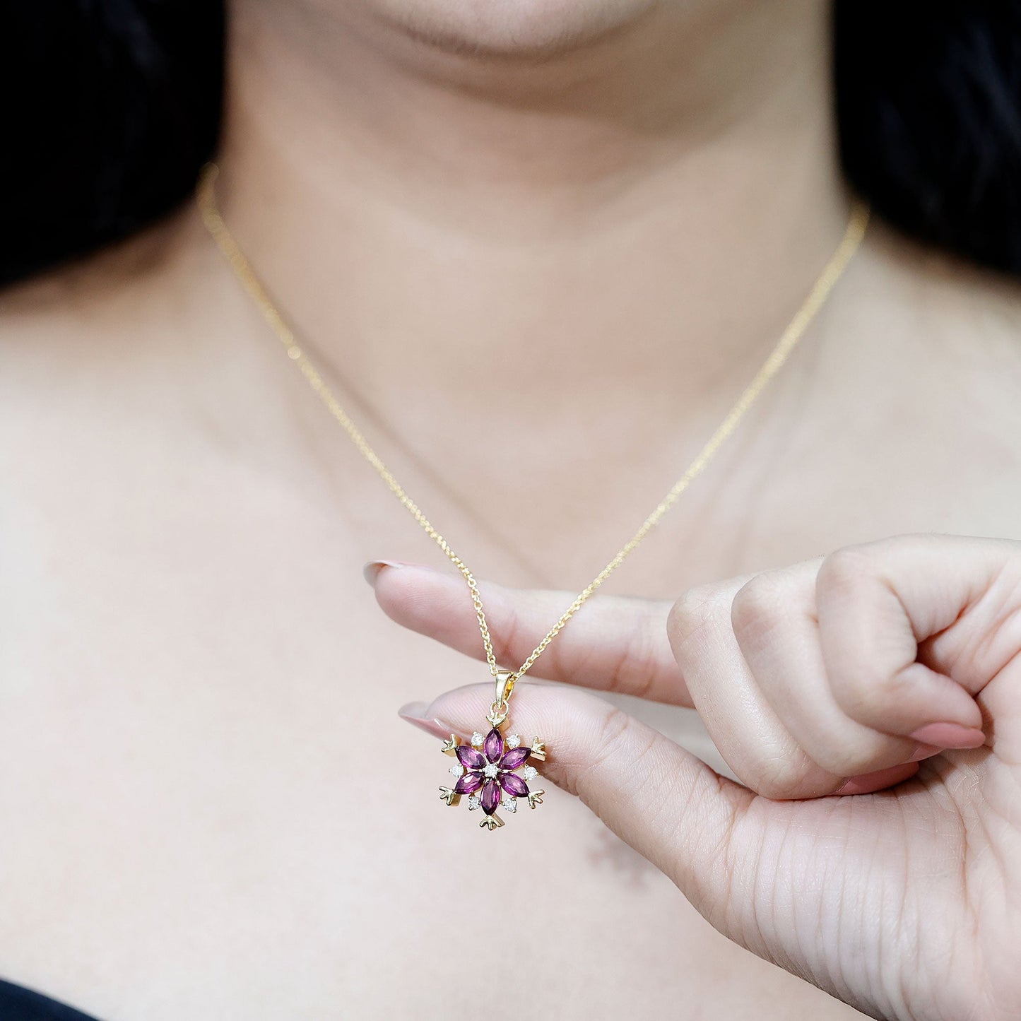 Rhodolite Garnet Flower Necklace in Gold Plated Silver