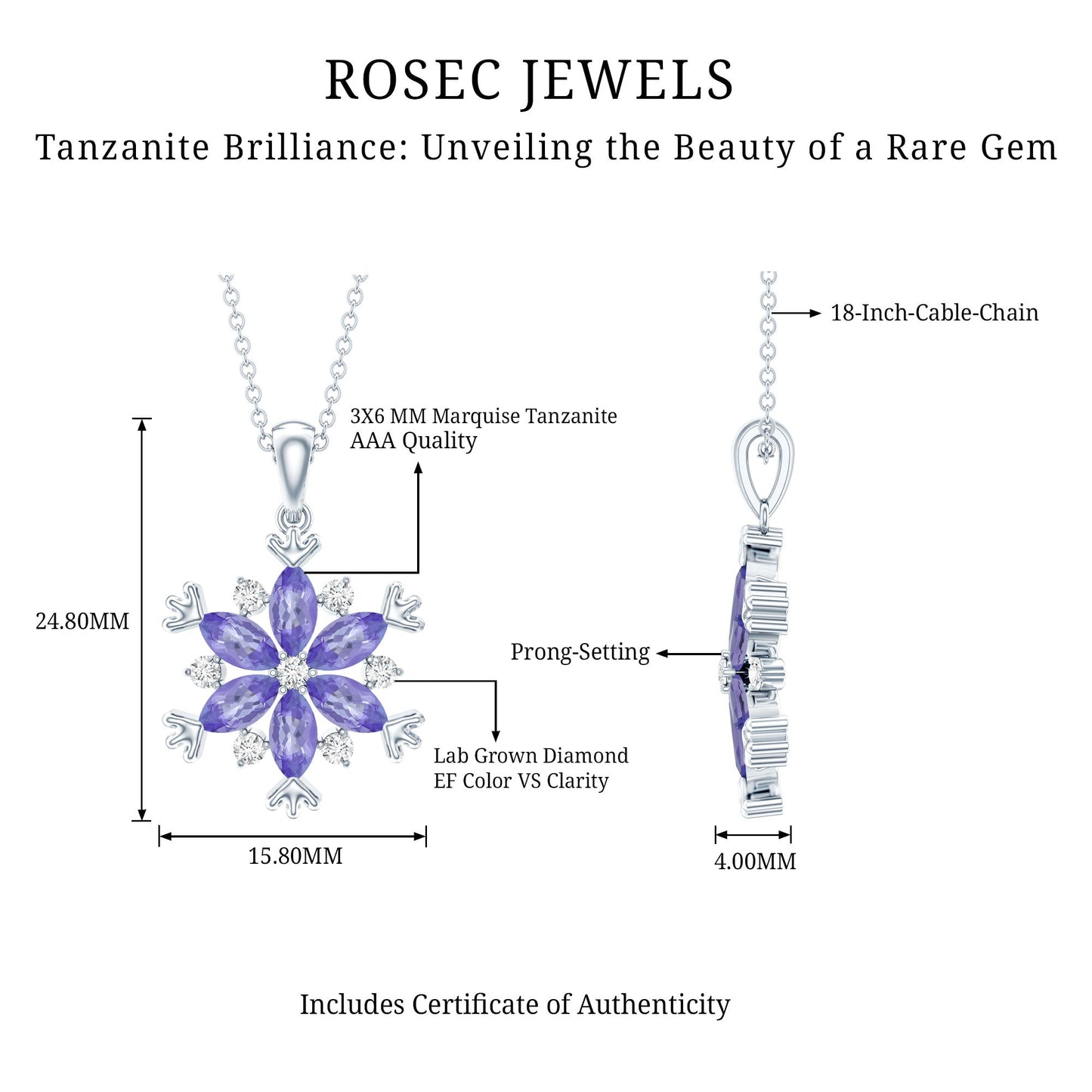 Natural Tanzanite Snowflake Necklace with Lab Diamond