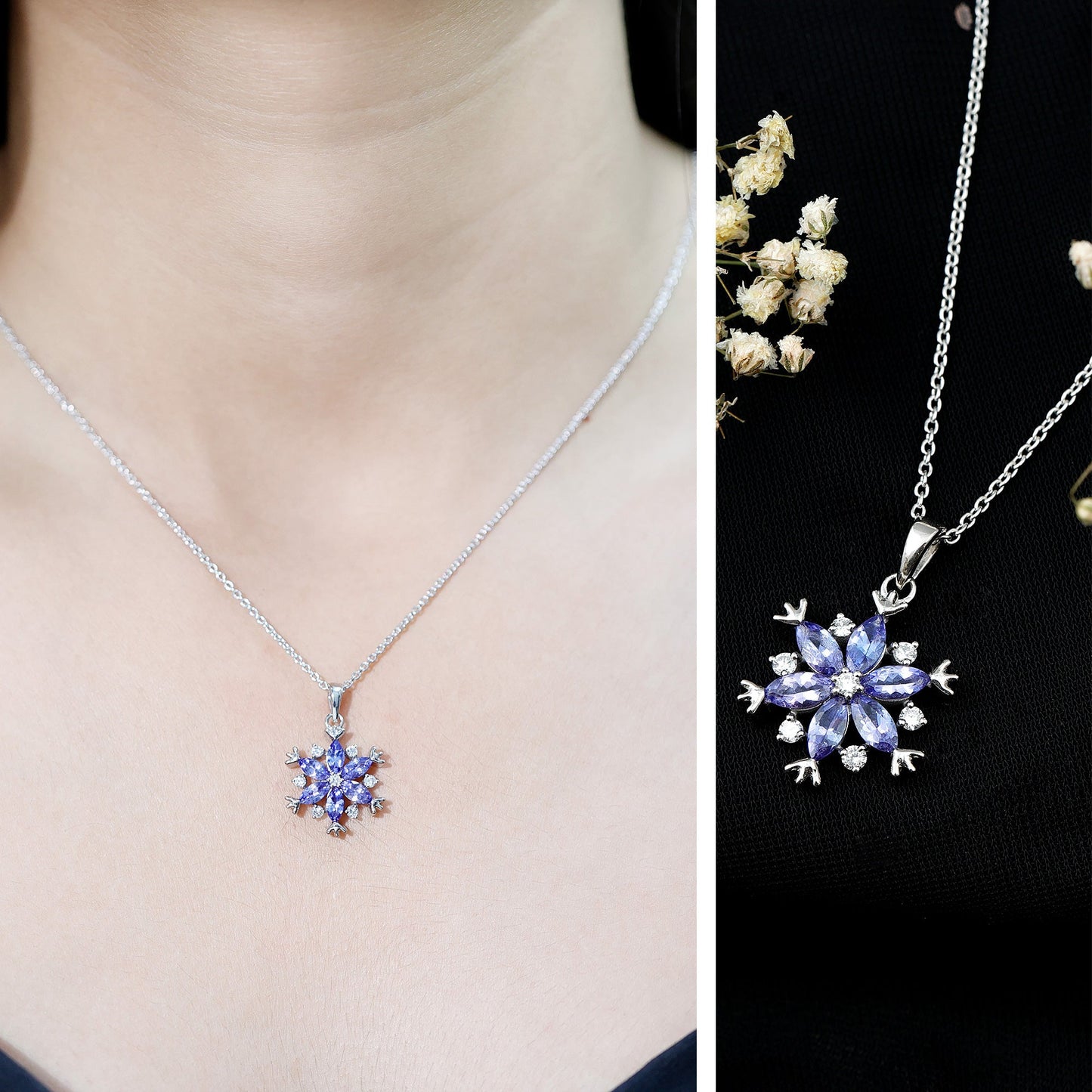 Natural Tanzanite Snowflake Necklace with Lab Diamond