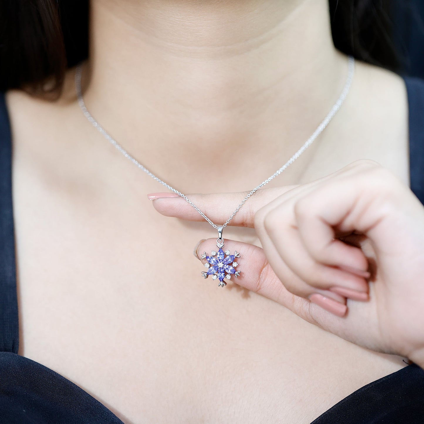 Natural Tanzanite Snowflake Necklace with Lab Diamond