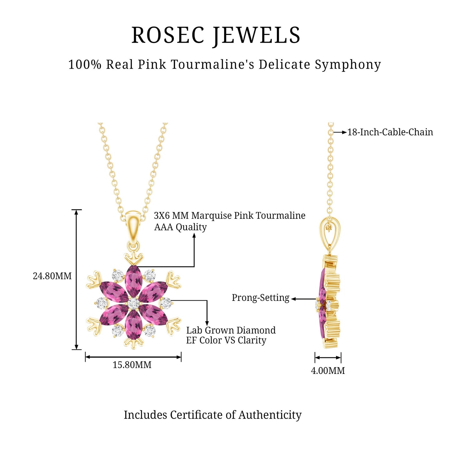 Certified Pink Tourmaline Flower Pendant Necklace with Silver Chain