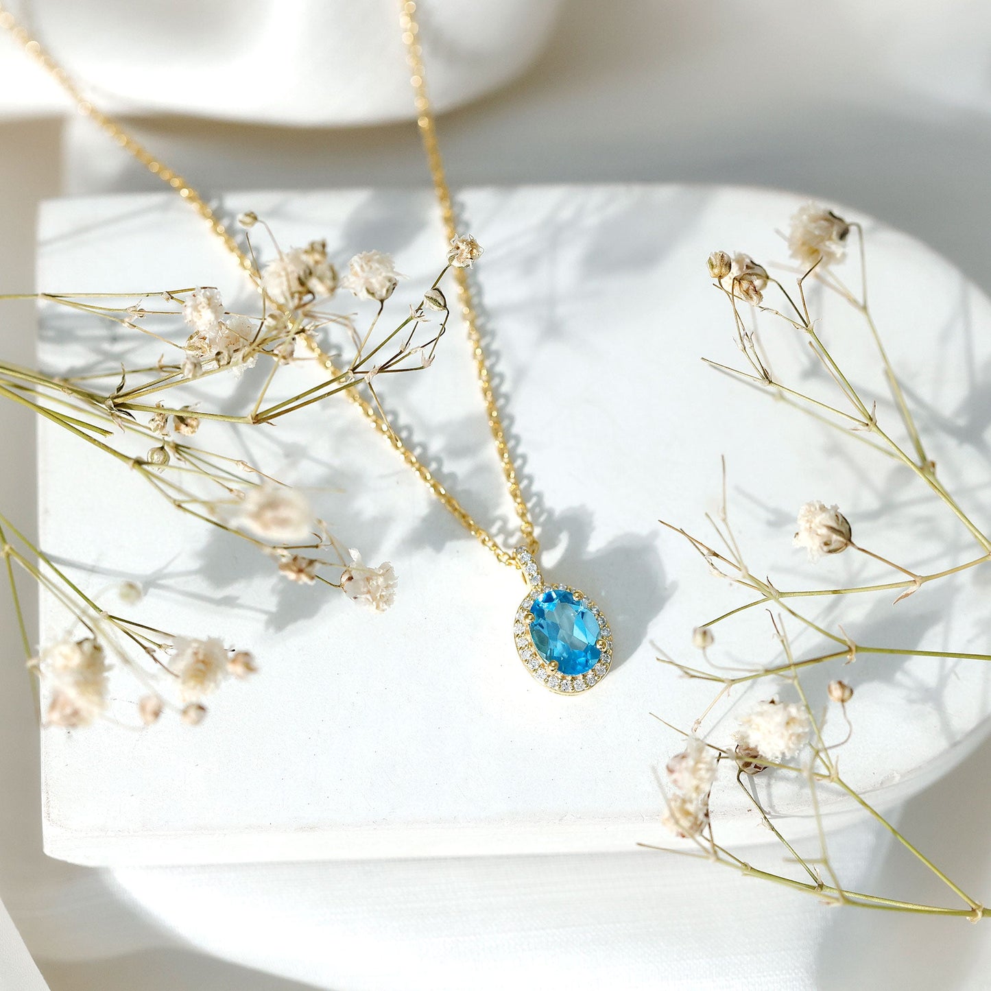 Natural 1 Carat Swiss Blue Topaz and Diamond Halo Necklace With Silver Chain