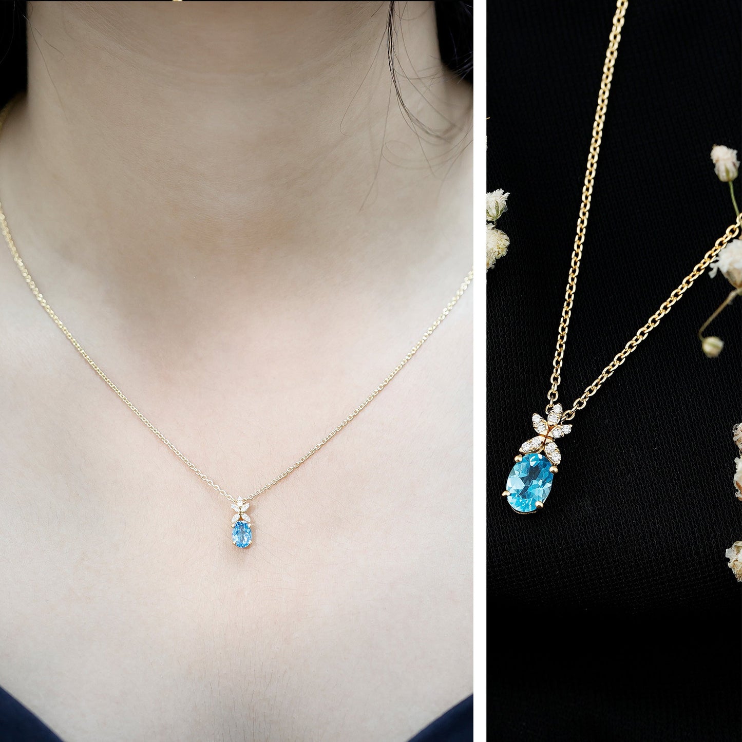 Oval Cut 0.65 Carat Swiss Blue Topaz and Diamond Flower Necklace with Chain