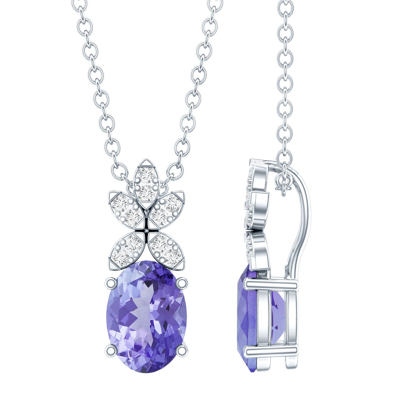 Oval Shaped 1 Carat Tanzanite Pendant Necklace with Diamond Flower