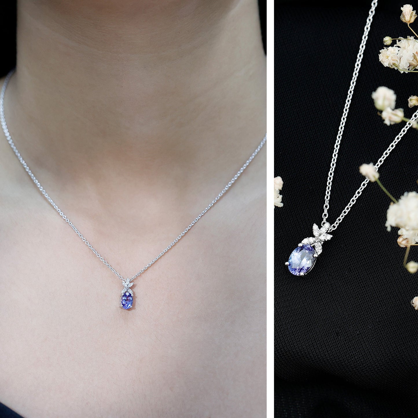 Oval Shaped 1 Carat Tanzanite Pendant Necklace with Diamond Flower
