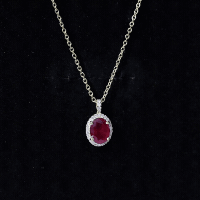 Natural 1.5 Carat Ruby Pendant Necklace with Diamond Halo in Gold Plated Silver