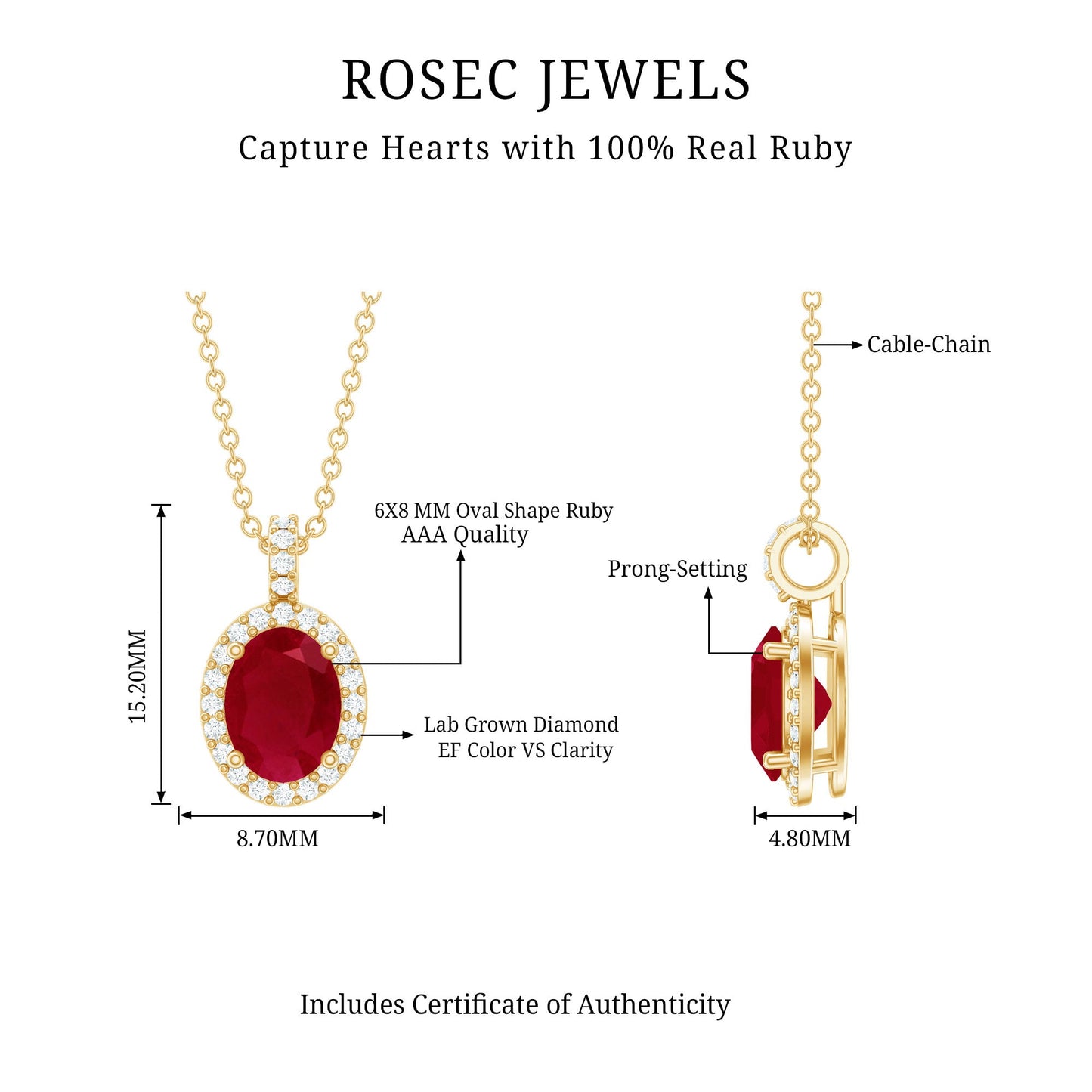 Natural 1.5 Carat Ruby Pendant Necklace with Diamond Halo in Gold Plated Silver