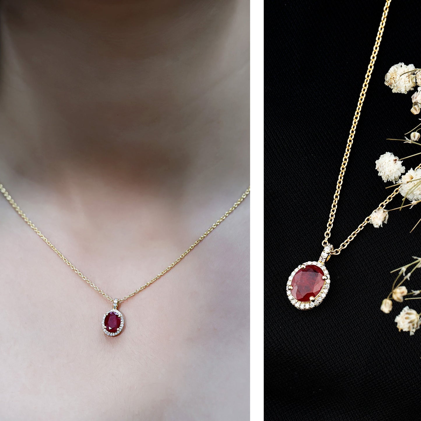 Natural 1.5 Carat Ruby Pendant Necklace with Diamond Halo in Gold Plated Silver