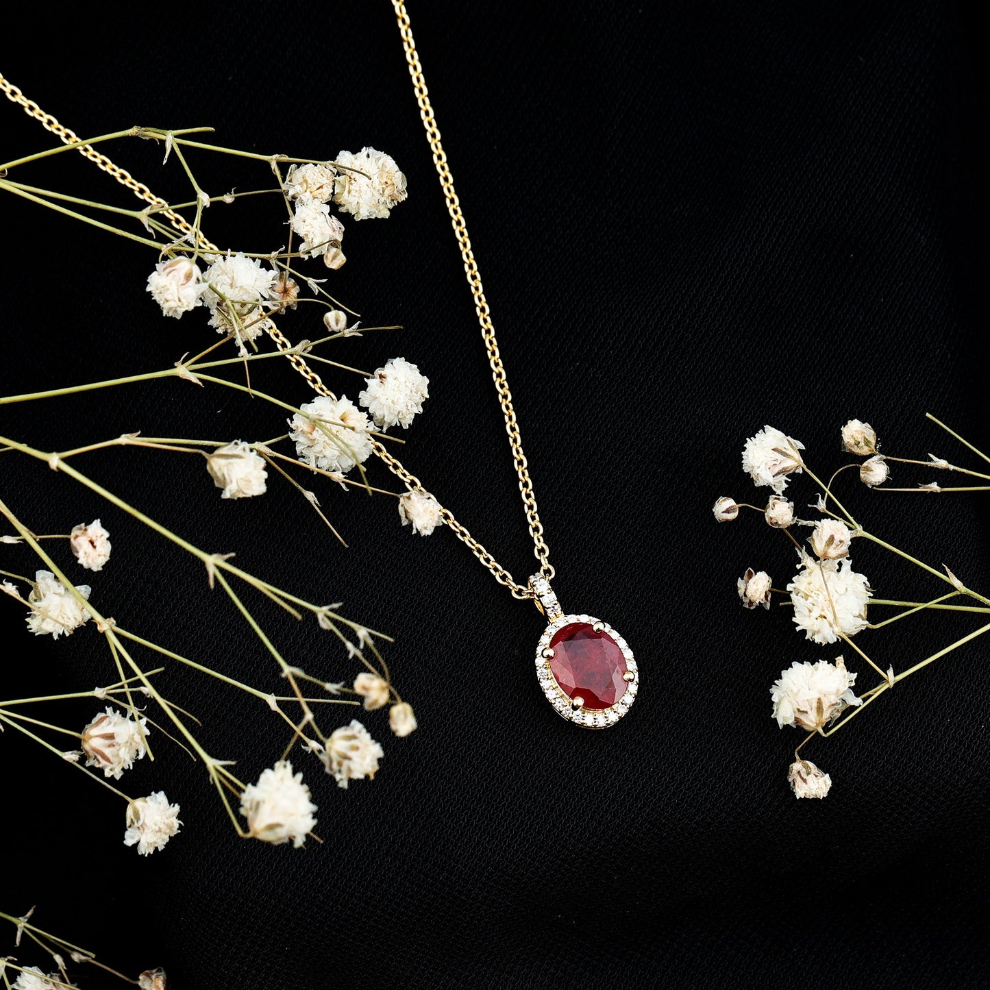 Natural 1.5 Carat Ruby Pendant Necklace with Diamond Halo in Gold Plated Silver