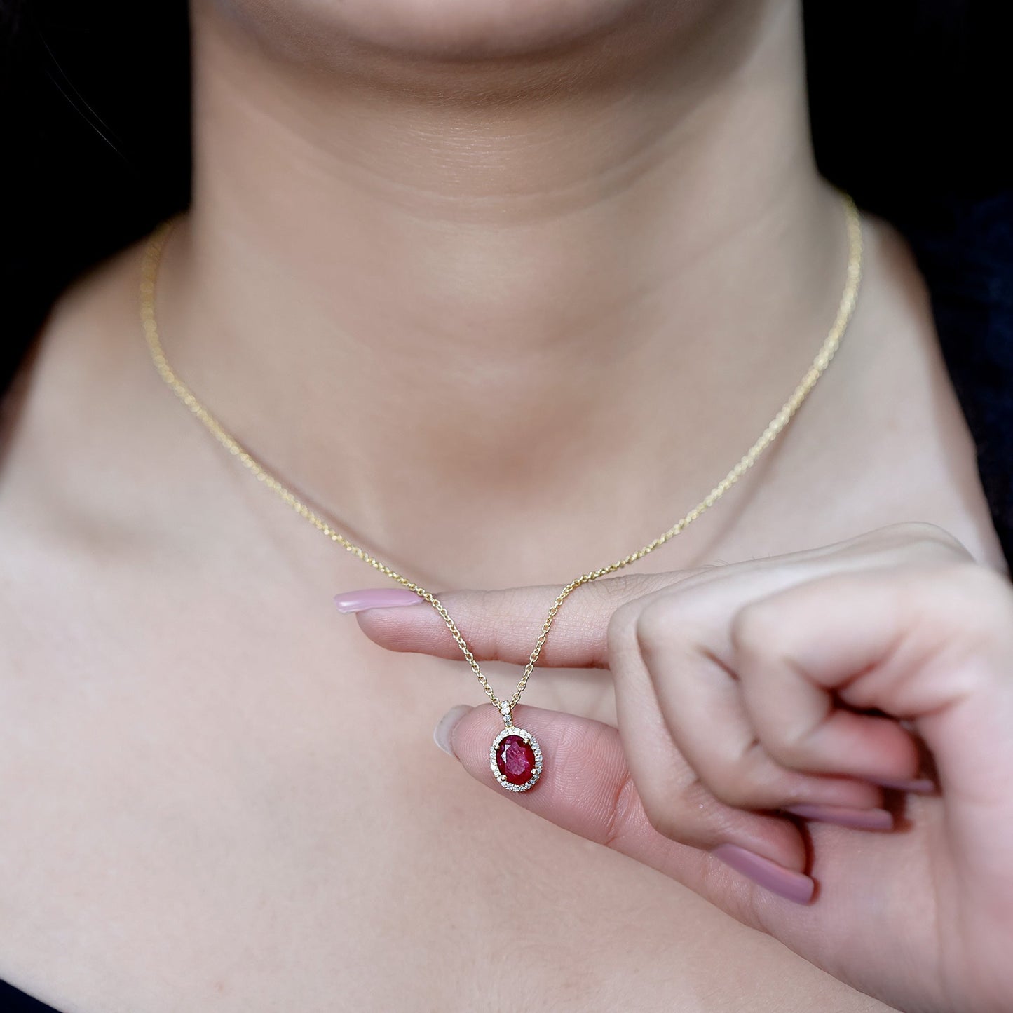 Natural 1.5 Carat Ruby Pendant Necklace with Diamond Halo in Gold Plated Silver