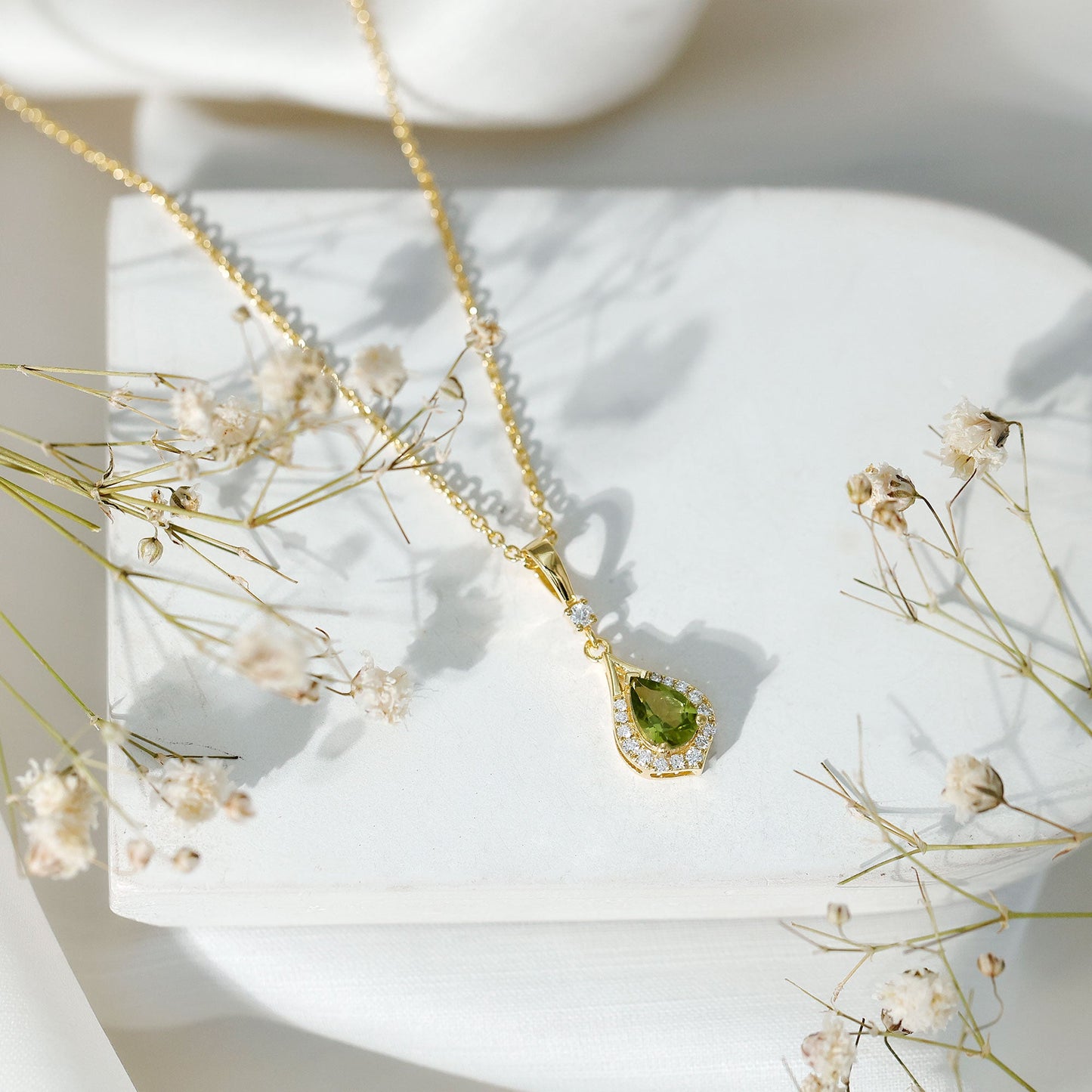 Certified Peridot and Diamond Teardrop Necklace in Gold Plated Silver
