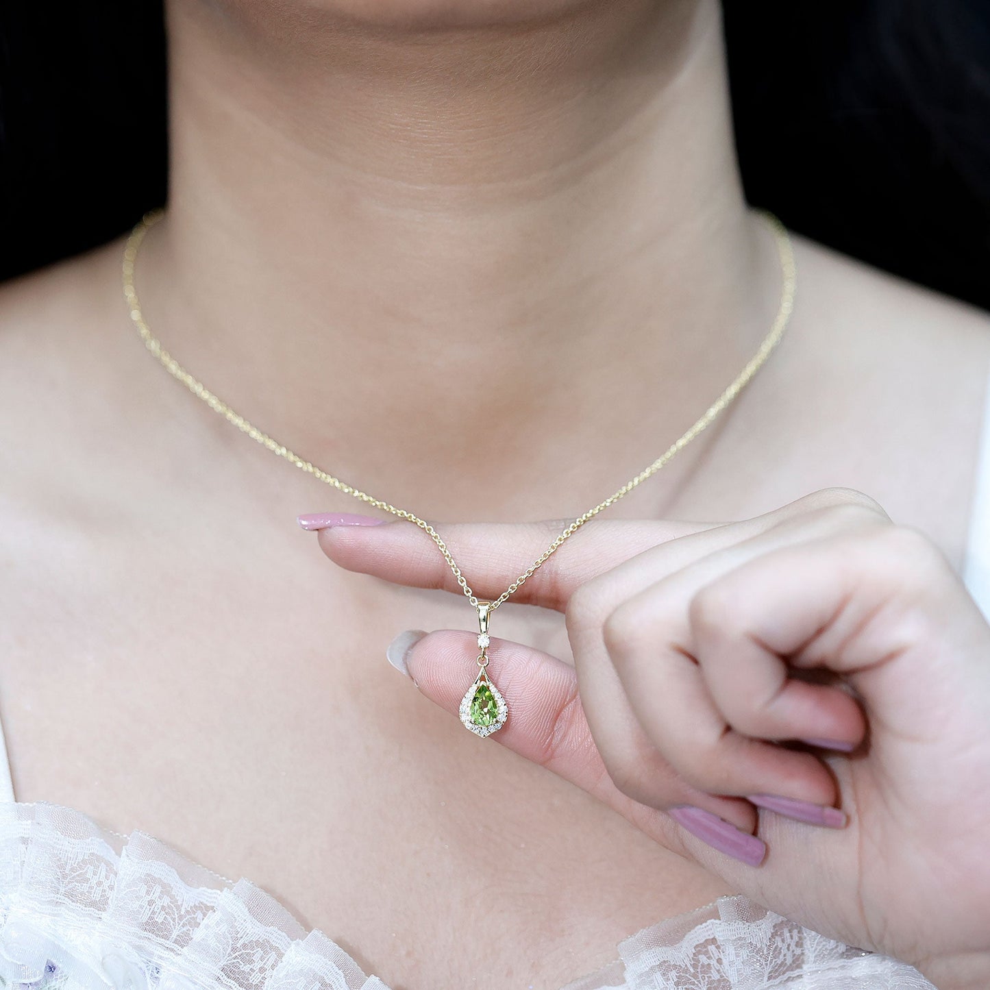Certified Peridot and Diamond Teardrop Necklace in Gold Plated Silver