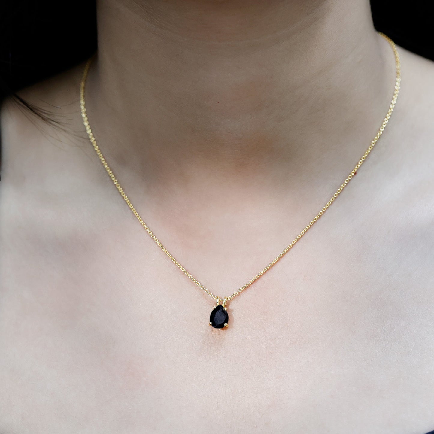 1.6 Carat Pear Shaped Black Onyx Solitaire Necklace with Silver Chain