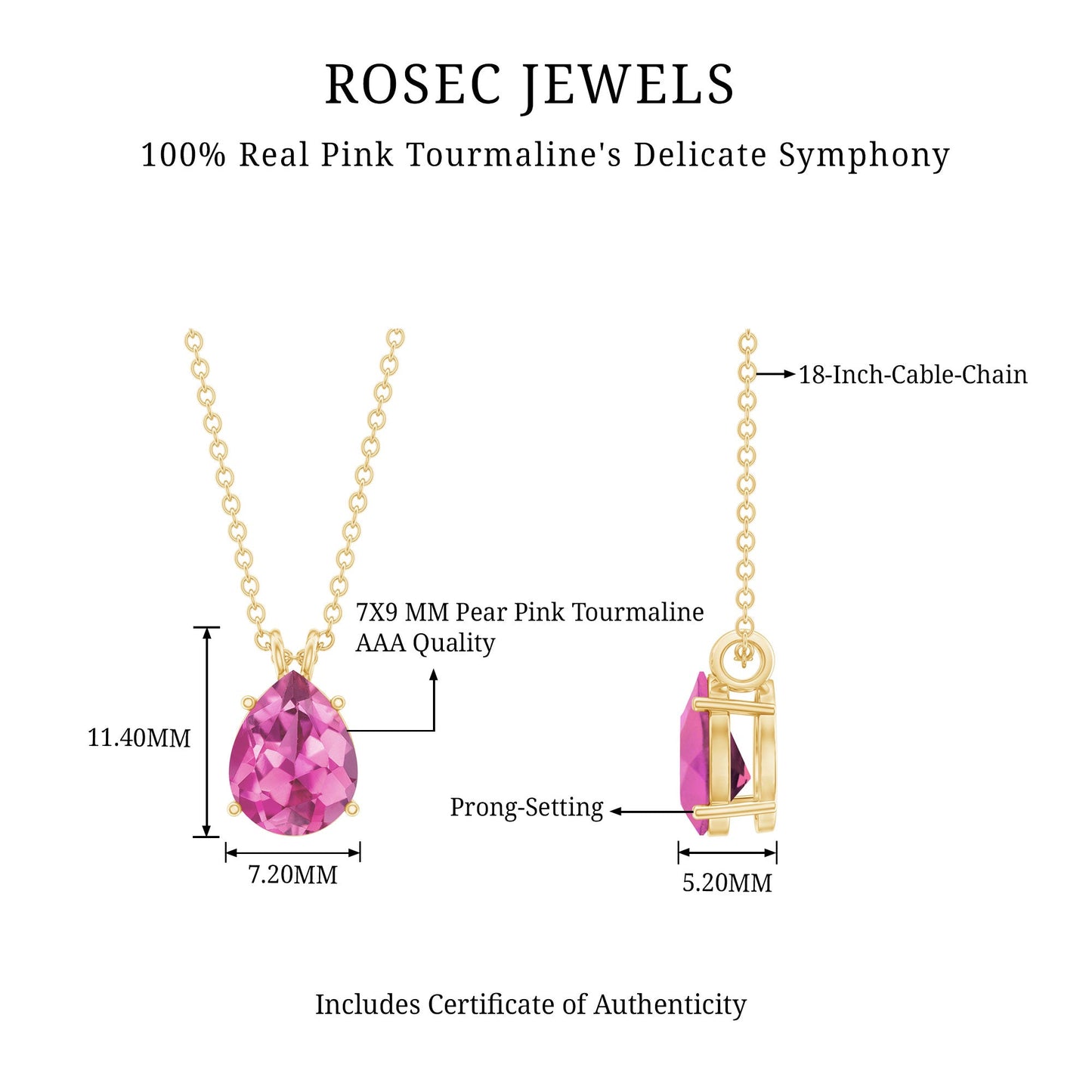 Genuine 1.6 Carat Pink Tourmaline Teardrop Necklace with Chain