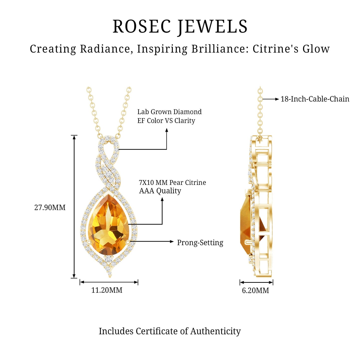 Natural 1.75 Carat Citrine Teardrop Bridal Necklace with Diamond