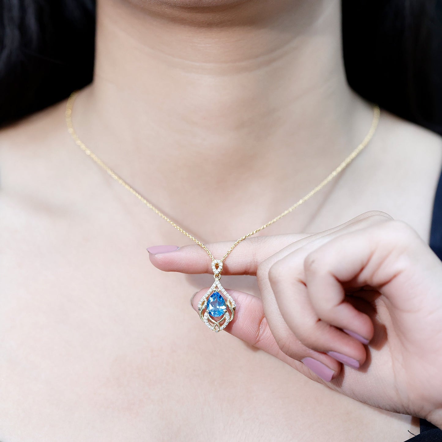 2.2 Carat Swiss Blue Topaz Designer Wedding Necklace with Lab Diamond