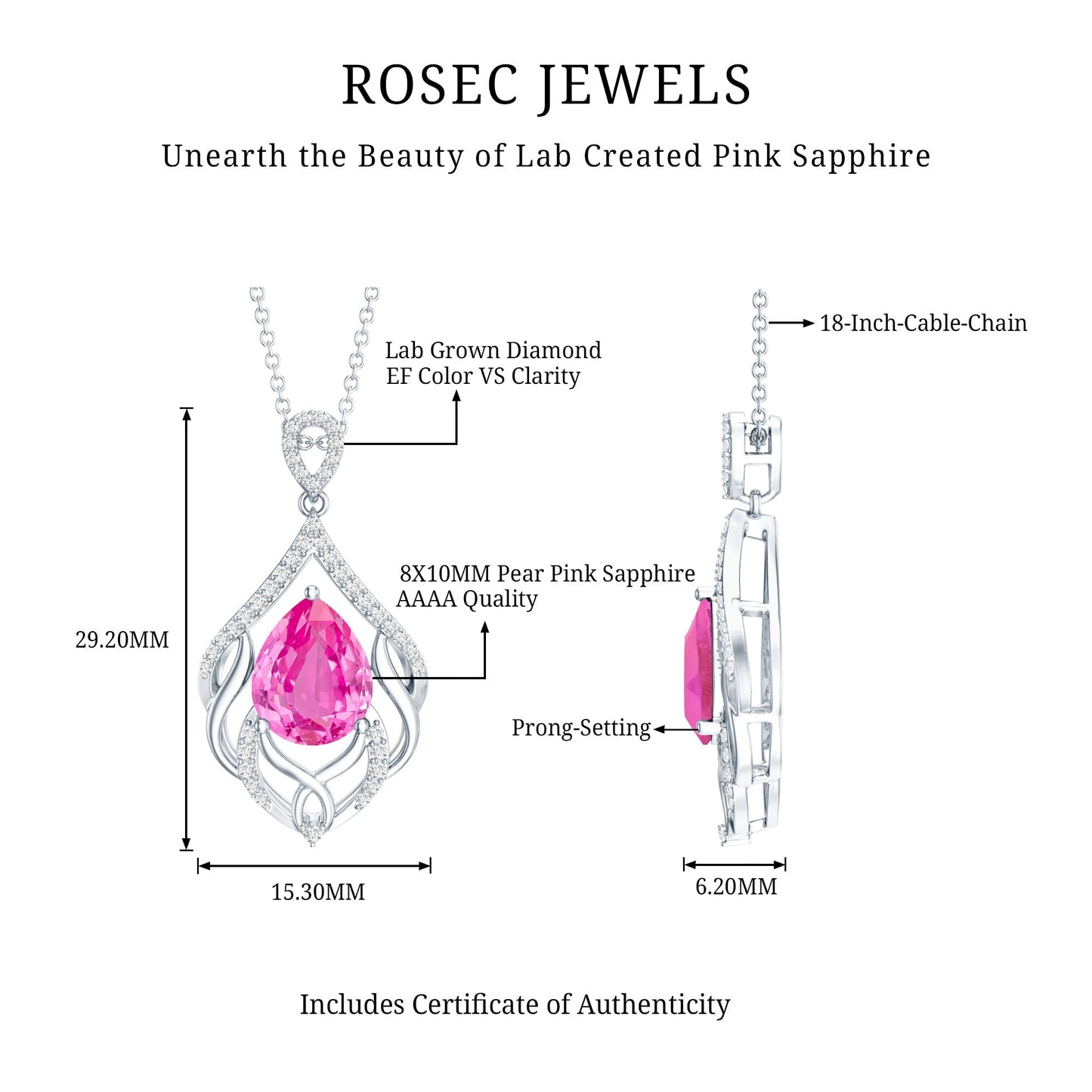 3.3 Carat Lab Grown Pink Sapphire Designer Necklace with Diamond