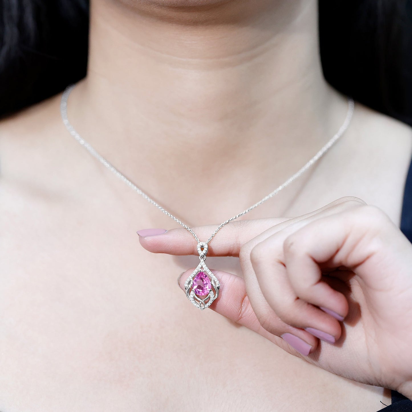 3.3 Carat Lab Grown Pink Sapphire Designer Necklace with Diamond